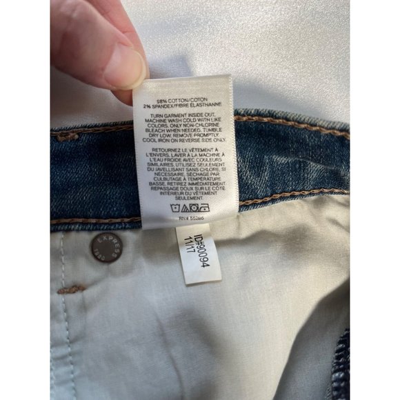 EXPRESS Bedazzled Gemstone Jean Mini Skirt Distressed Raw Hem Medium Light Sz 4 - Picture 8 of 16